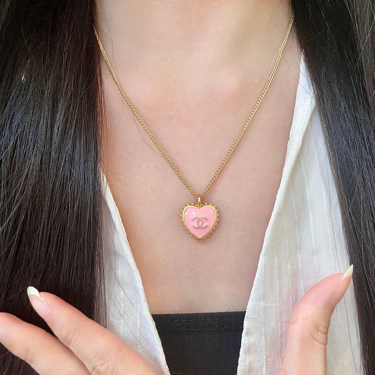 Double-C Emblem Pendant Necklace in Polished Metal-Tone – Heart Detail – Design 002 front product view