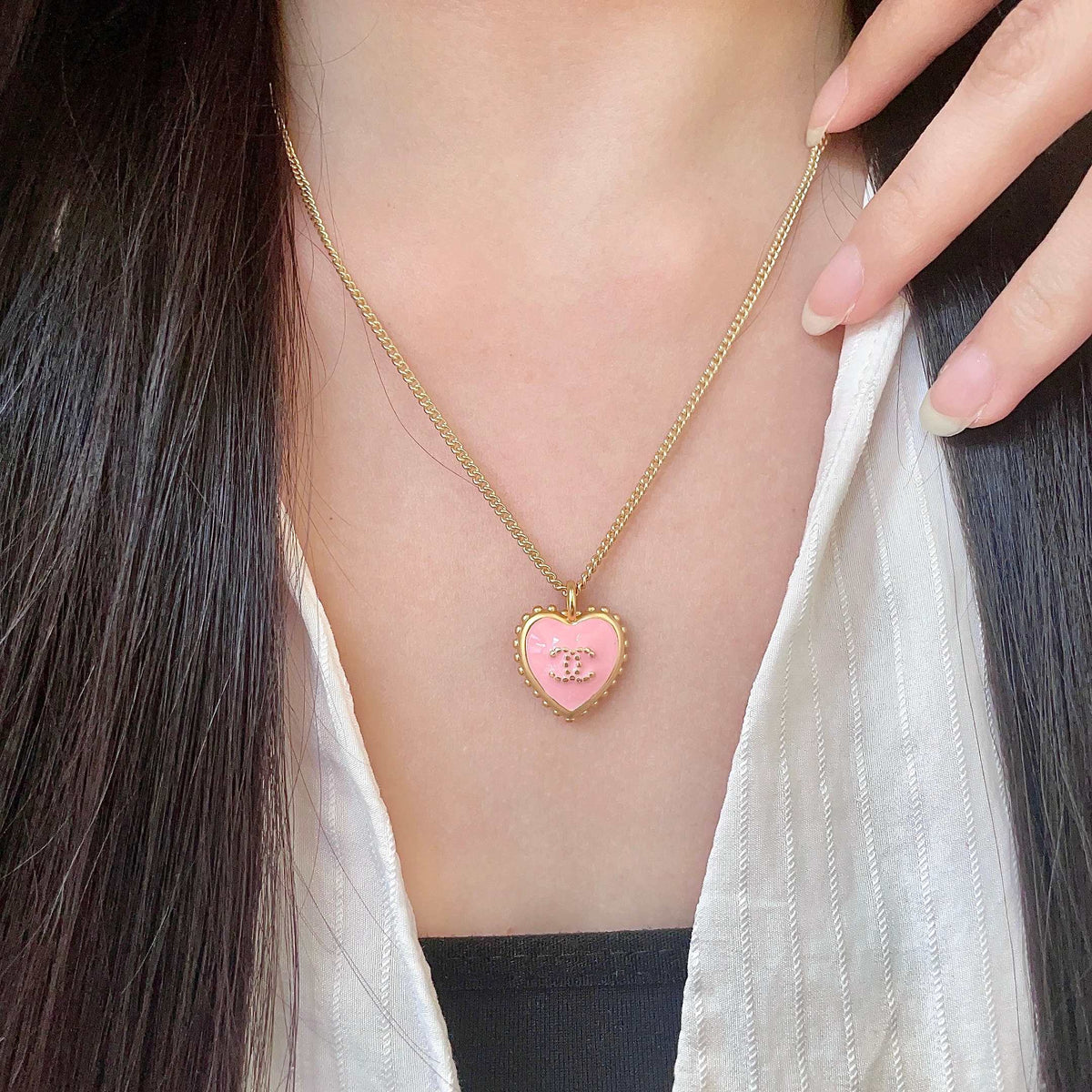 Double-C Emblem Pendant Necklace in Polished Metal-Tone – Heart Detail – Design 004 main product view