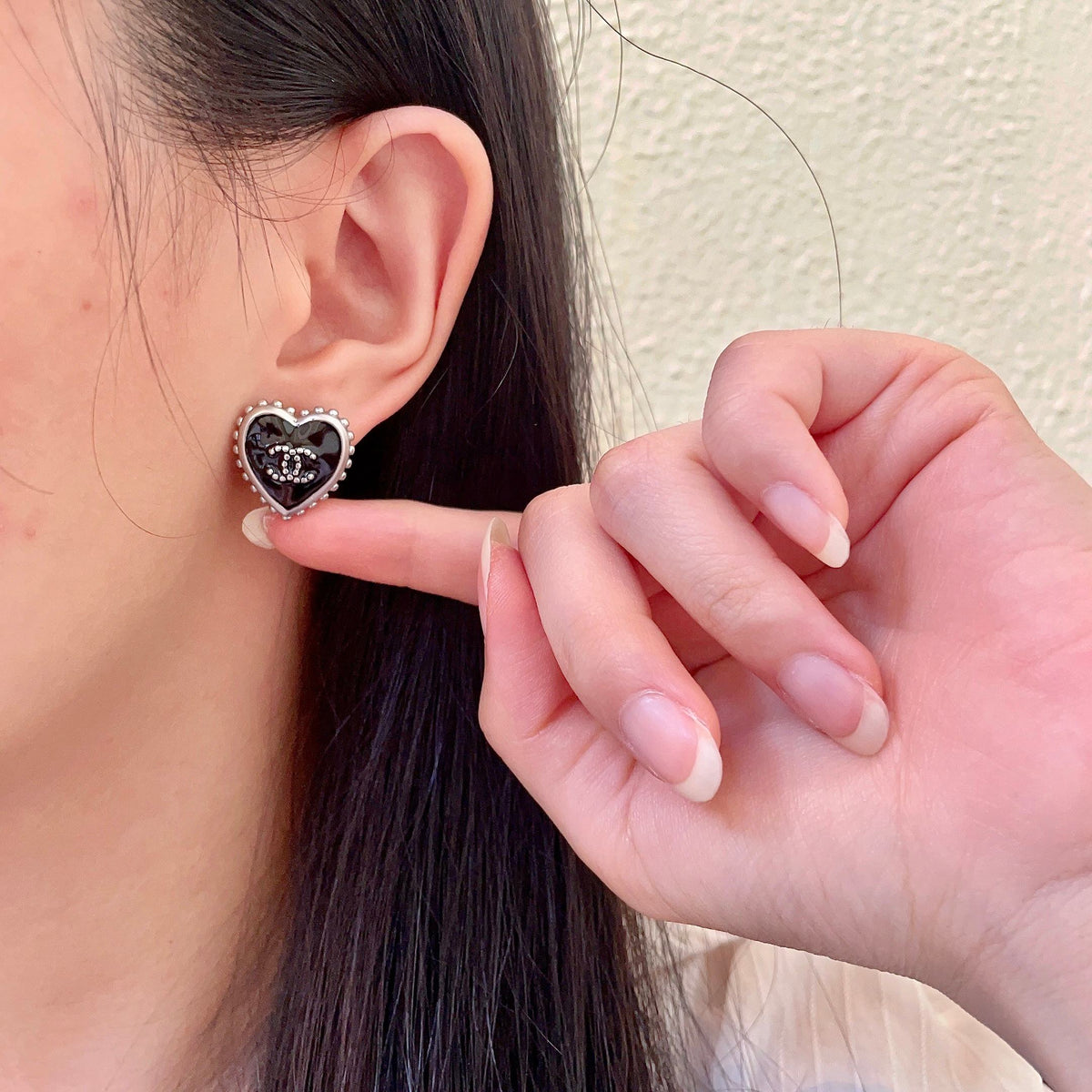 Double-C Emblem Stud Earrings in Polished Metal-Tone – Heart Detail – Design 010 front product view