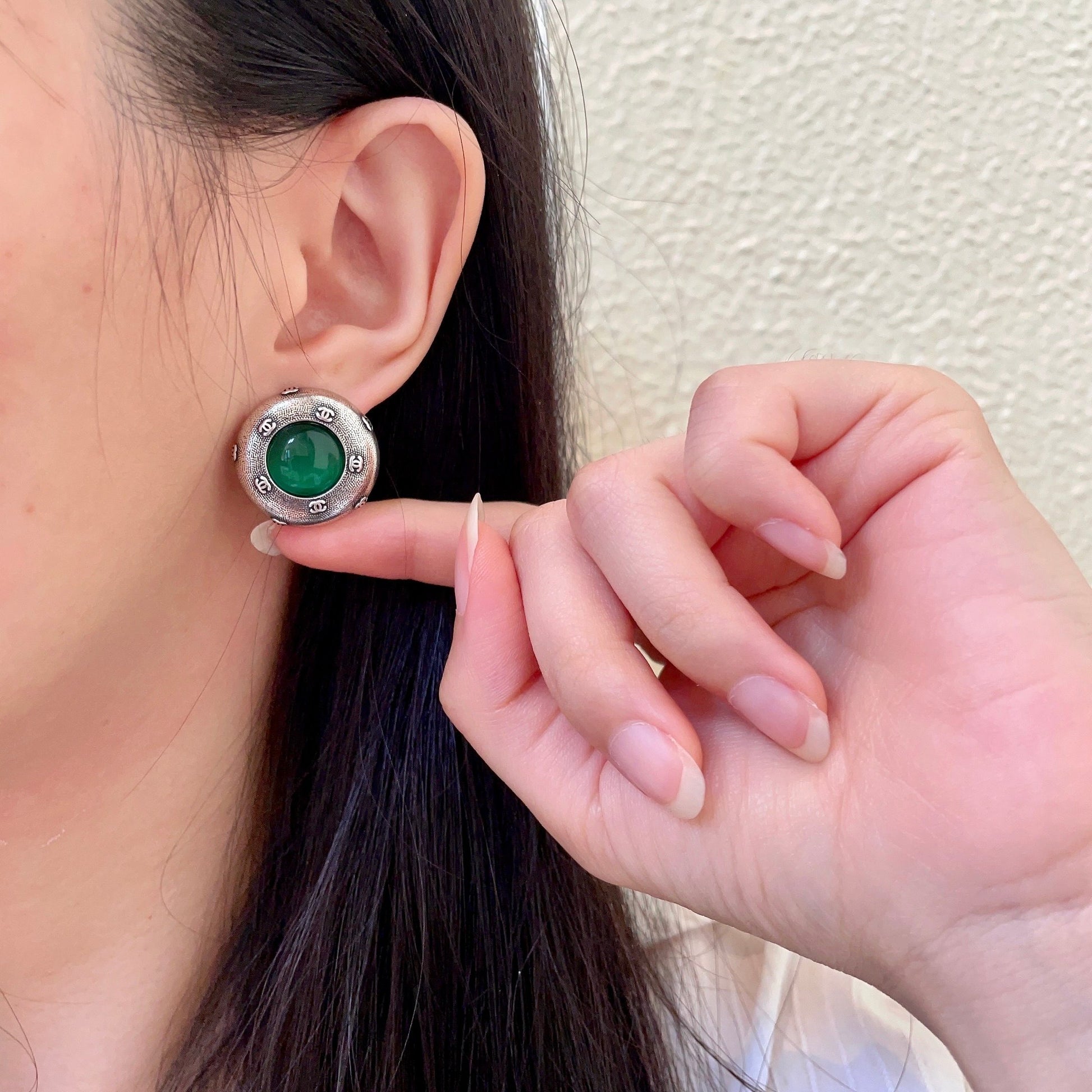 Double-C Emblem Stud Earrings in Polished Metal-Tone – Design 171 front product view