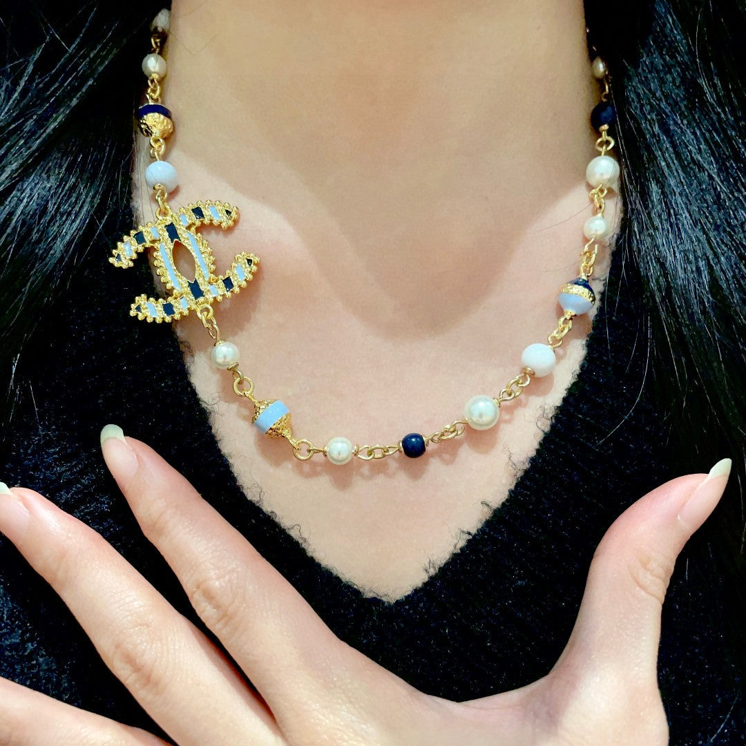 Double-C Emblem Pearl-Detail Pendant Necklace – Pearl Detail – Design 093 side detail
