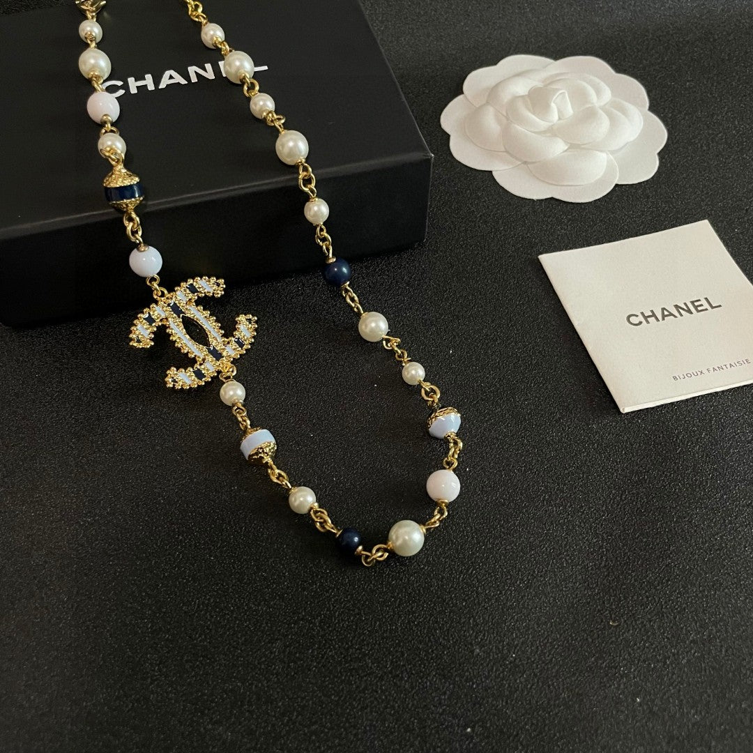 Double-C Emblem Pearl-Detail Pendant Necklace – Pearl Detail – Design 093 front product view