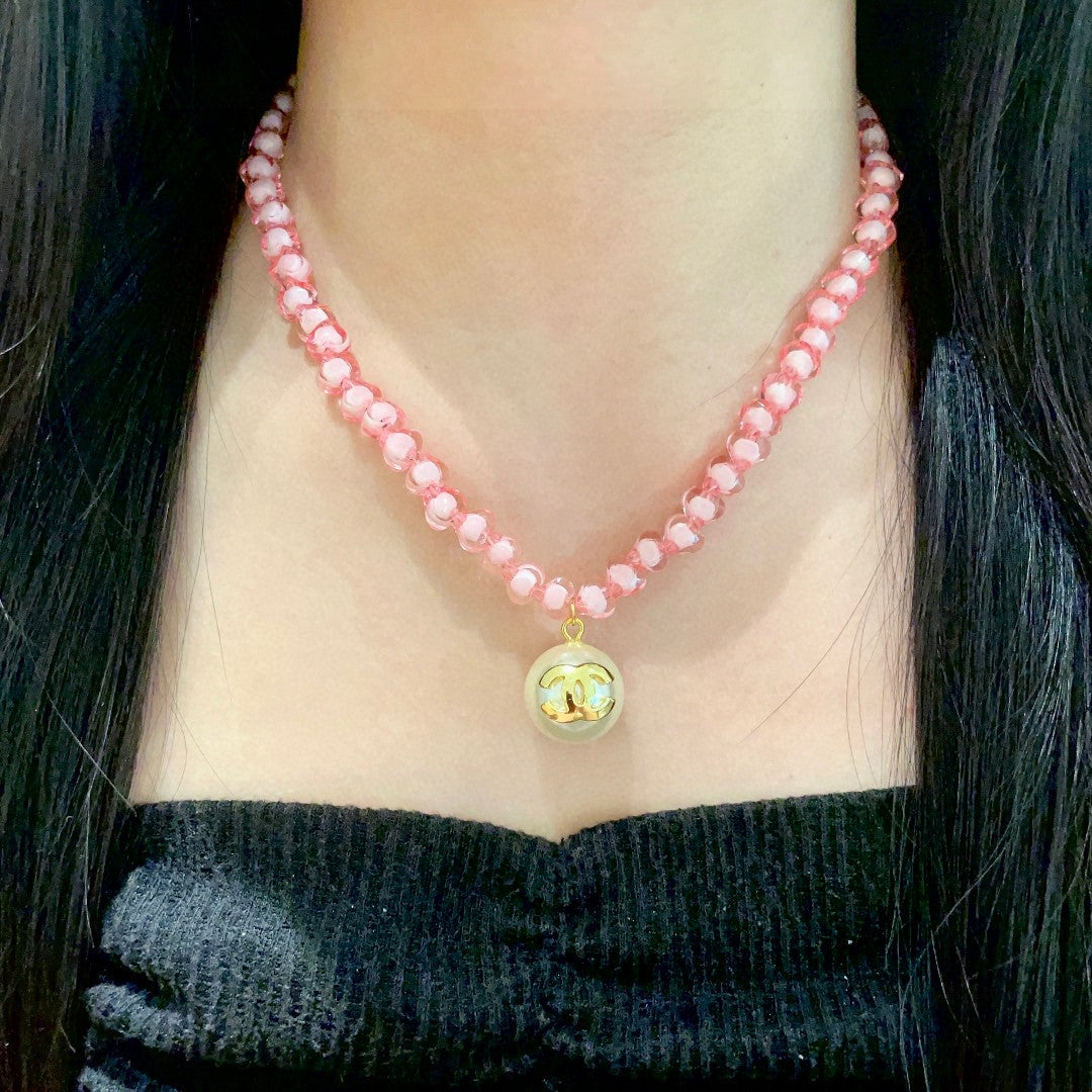 Double-C Emblem Pearl-Detail Pendant Necklace – Pearl Detail – Design 010 detail view