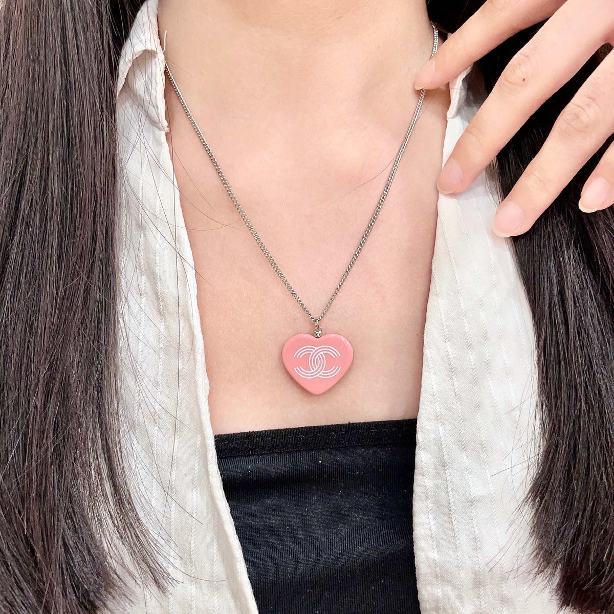 Double-C Emblem Pendant Necklace in Polished Metal-Tone – Heart Detail – Design 006 main product view