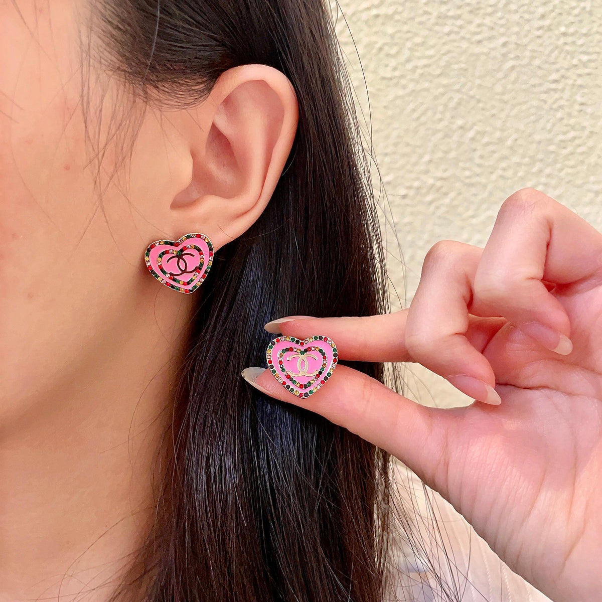 Double-C Emblem Crystal-Accent Stud Earrings – Heart Detail – Design 006 main product view