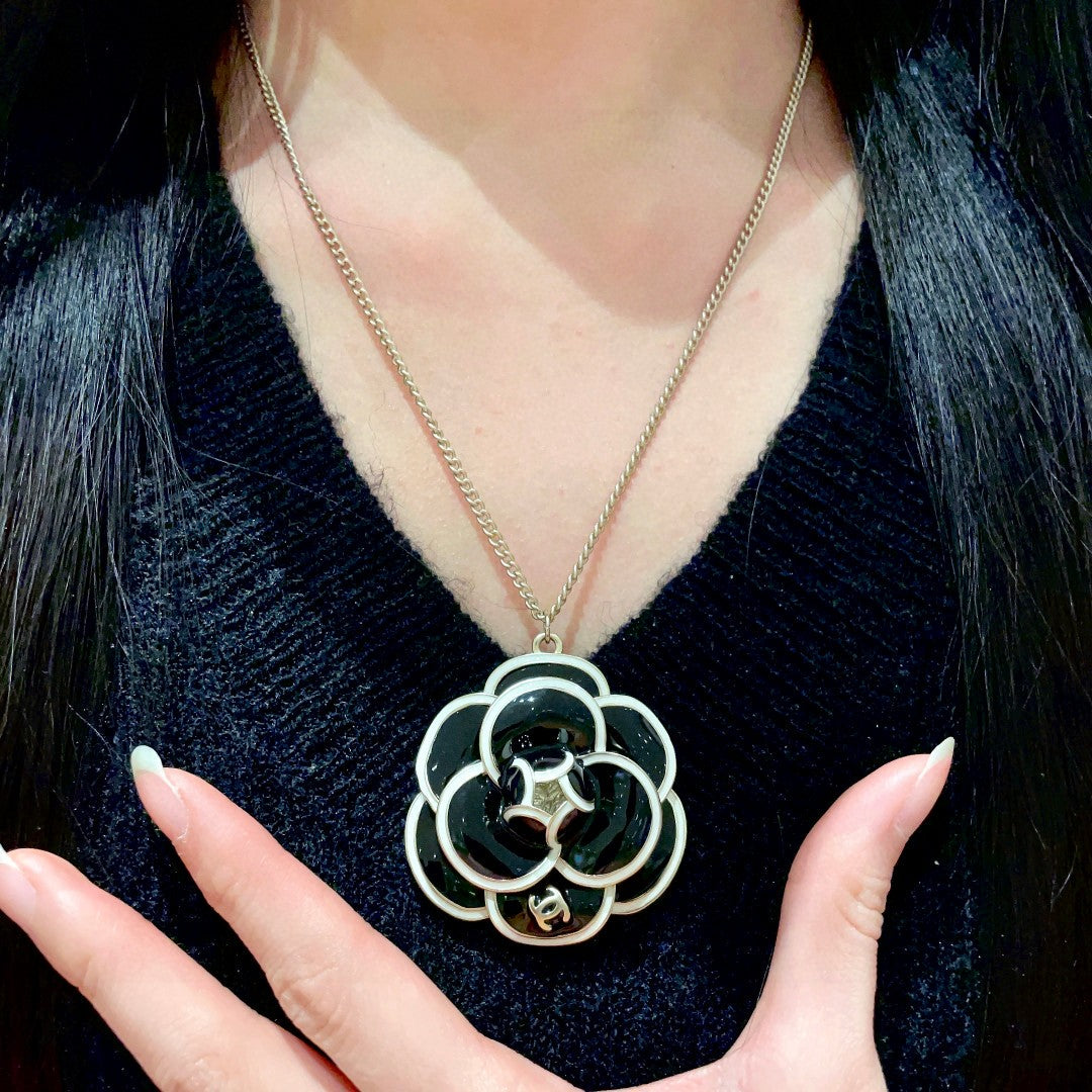 Camellia Pendant Necklace in Polished Metal-Tone – Camellia Detail – Design 029 front product view