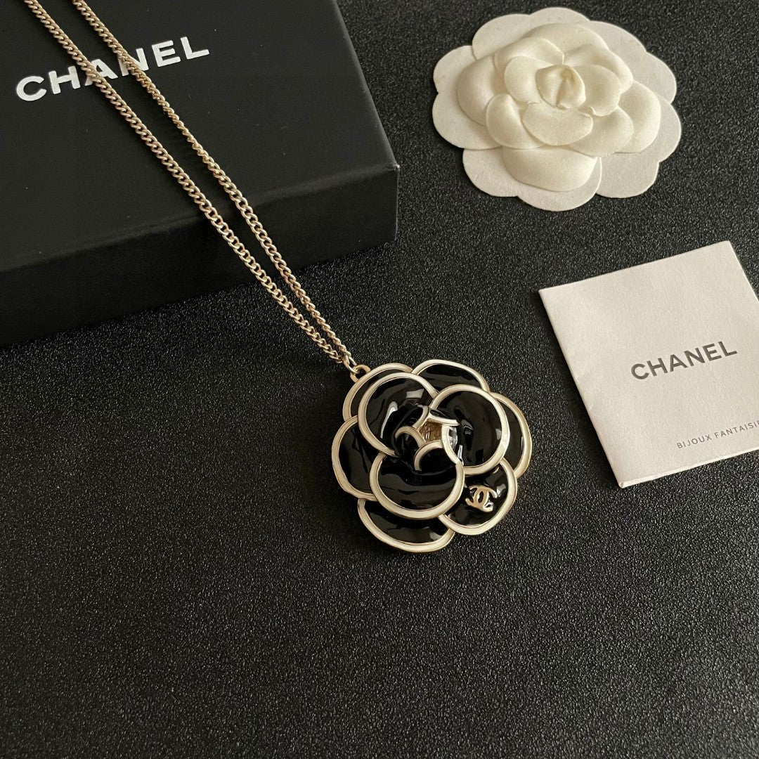 Camellia Pendant Necklace in Polished Metal-Tone – Camellia Detail – Design 029 styled product view