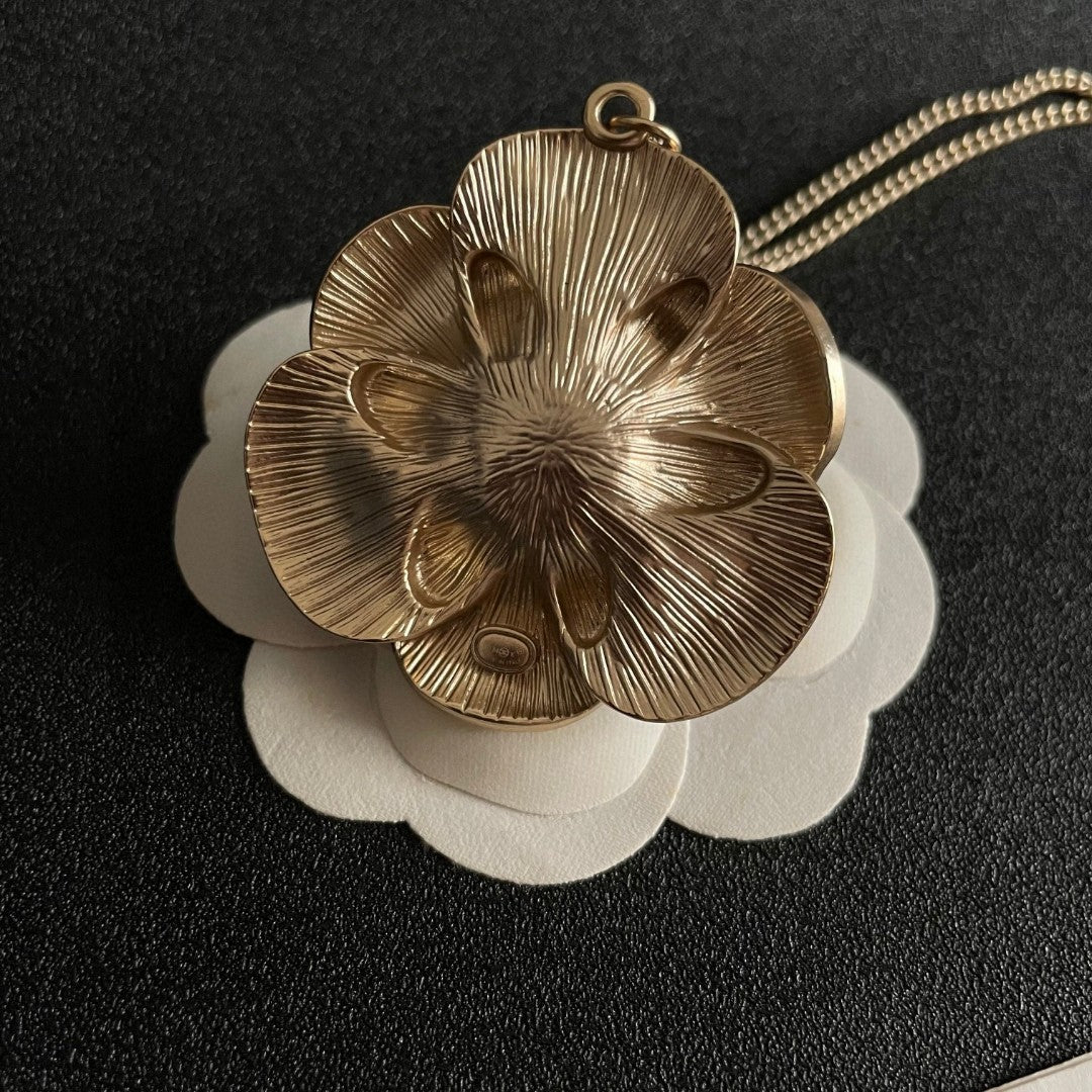 Camellia Pendant Necklace in Polished Metal-Tone – Camellia Detail – Design 008 front product view