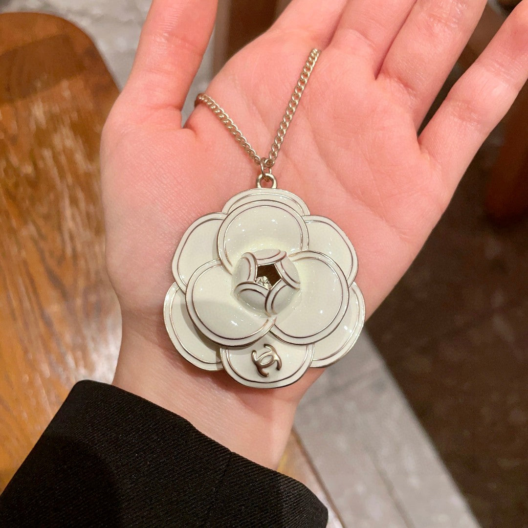 Camellia Pendant Necklace in Polished Metal-Tone – Camellia Detail – Design 028 side detail