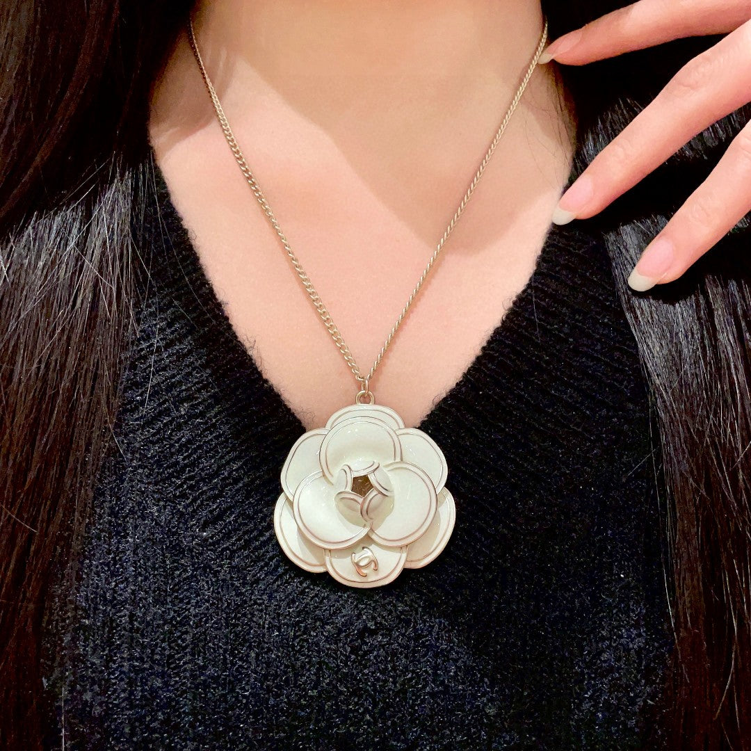 Camellia Pendant Necklace in Polished Metal-Tone – Camellia Detail – Design 026 main product view