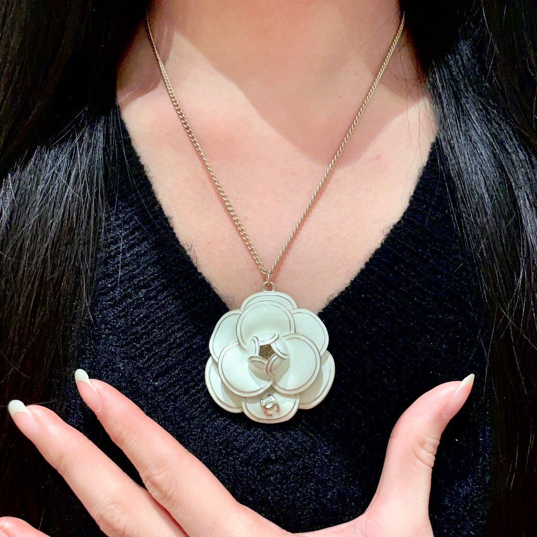 Camellia Pendant Necklace in Polished Metal-Tone – Camellia Detail – Design 026 front product view