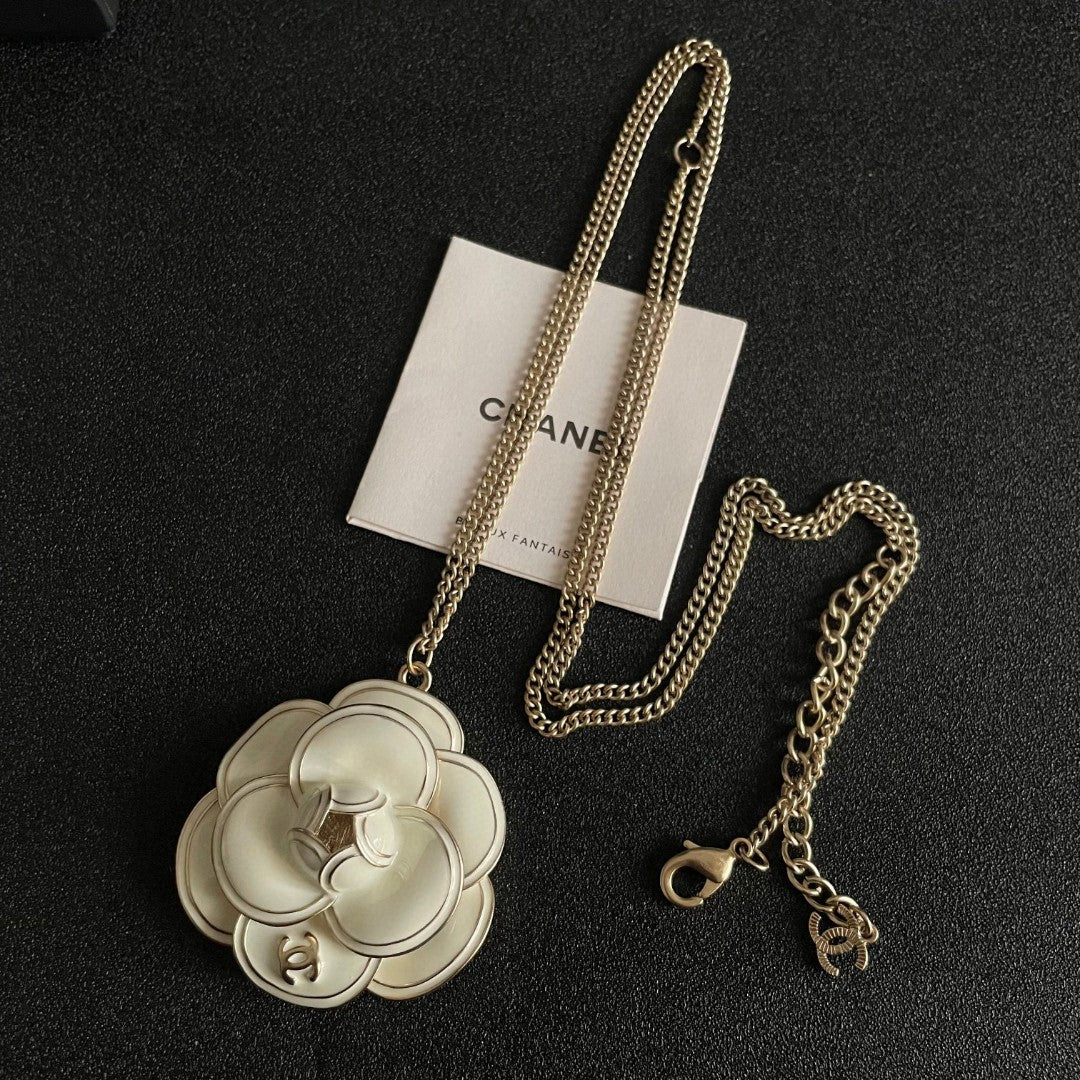 Camellia Pendant Necklace in Polished Metal-Tone – Camellia Detail – Design 028 detail view