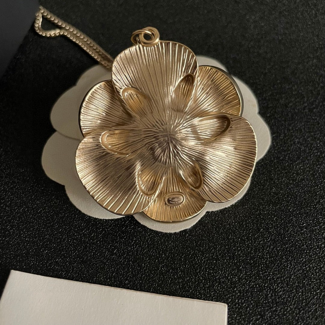 Camellia Pendant Necklace in Polished Metal-Tone – Camellia Detail – Design 026 front product view