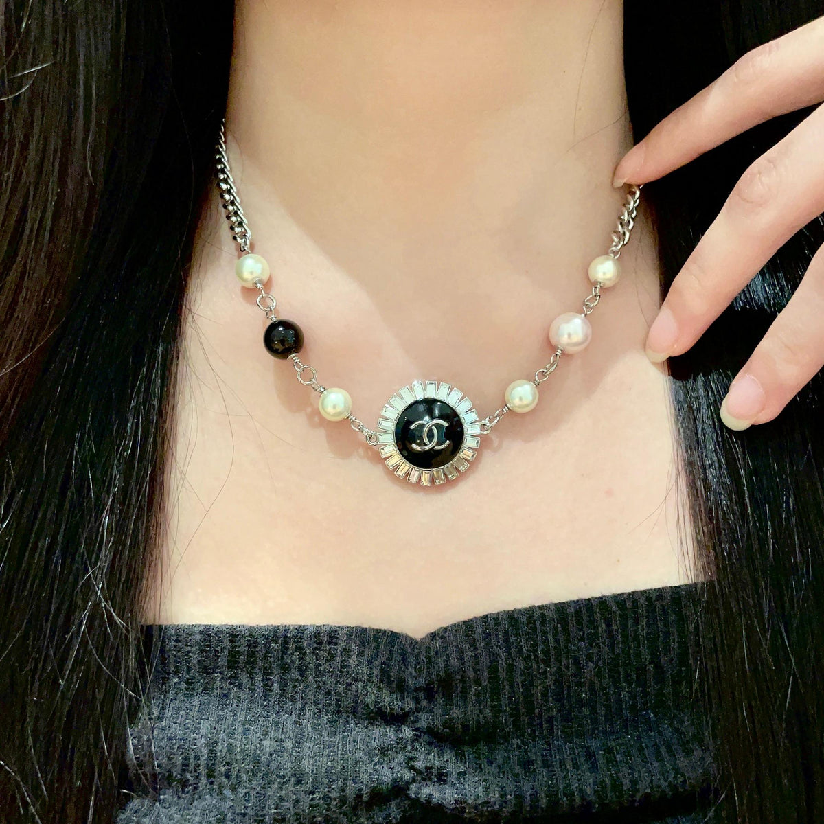 Double-C Emblem Pearl-Detail Pendant Necklace – Pearl Detail – Design 035 main product view