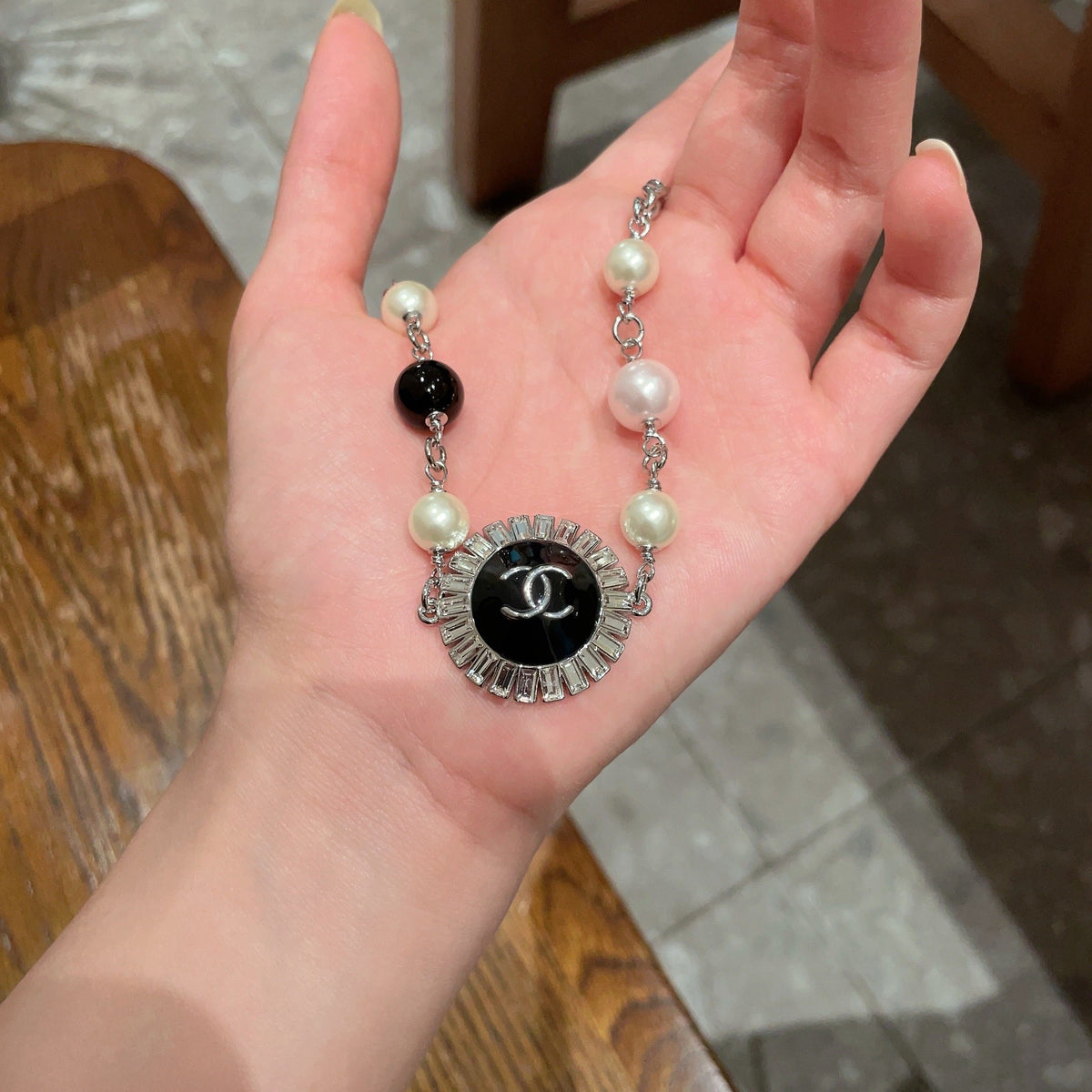 Double-C Emblem Pearl-Detail Pendant Necklace – Pearl Detail – Design 035 side detail