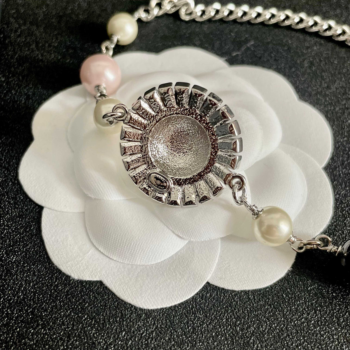 Double-C Emblem Pearl-Detail Pendant Necklace – Pearl Detail – Design 035 front product view