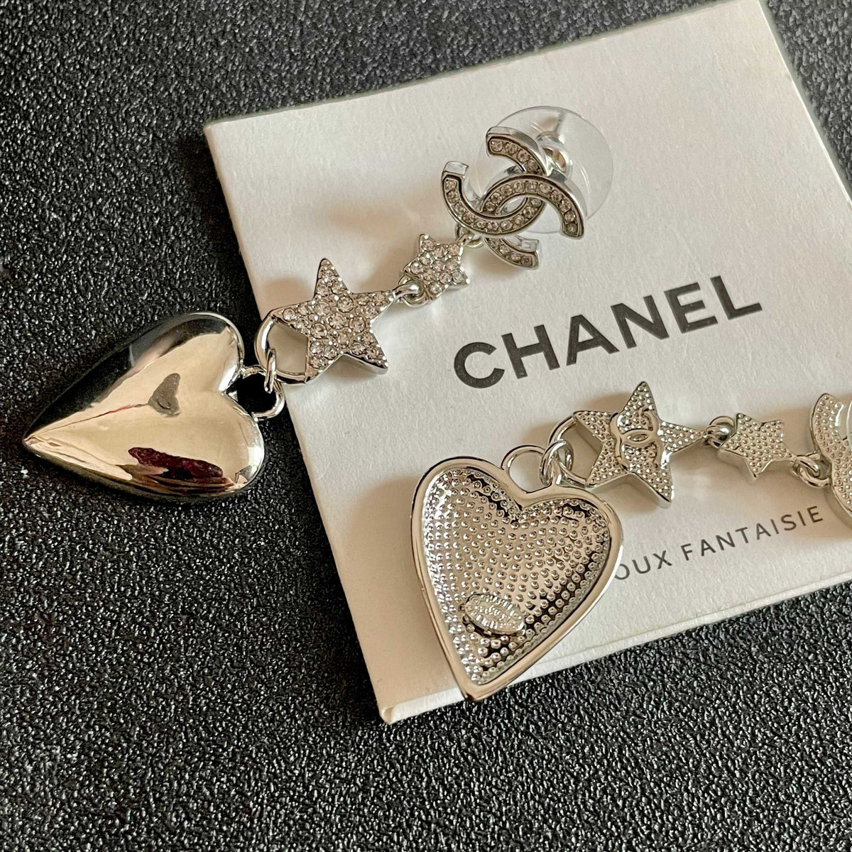 Double-C Emblem Statement Earrings in Polished Metal-Tone – Heart Detail – Design 005 main product view