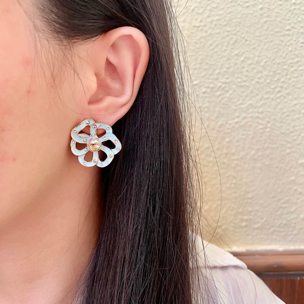 Camellia Stud Earrings in Polished Metal-Tone – Camellia Detail – Design 004 detail view