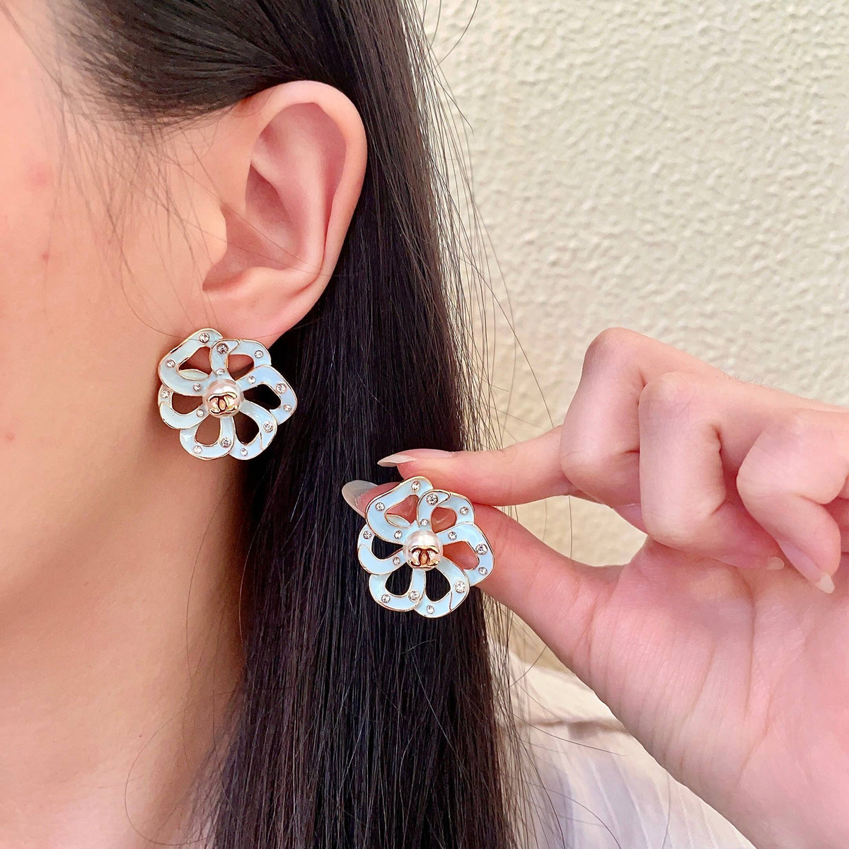 Camellia Stud Earrings in Polished Metal-Tone – Camellia Detail – Design 014 main product view