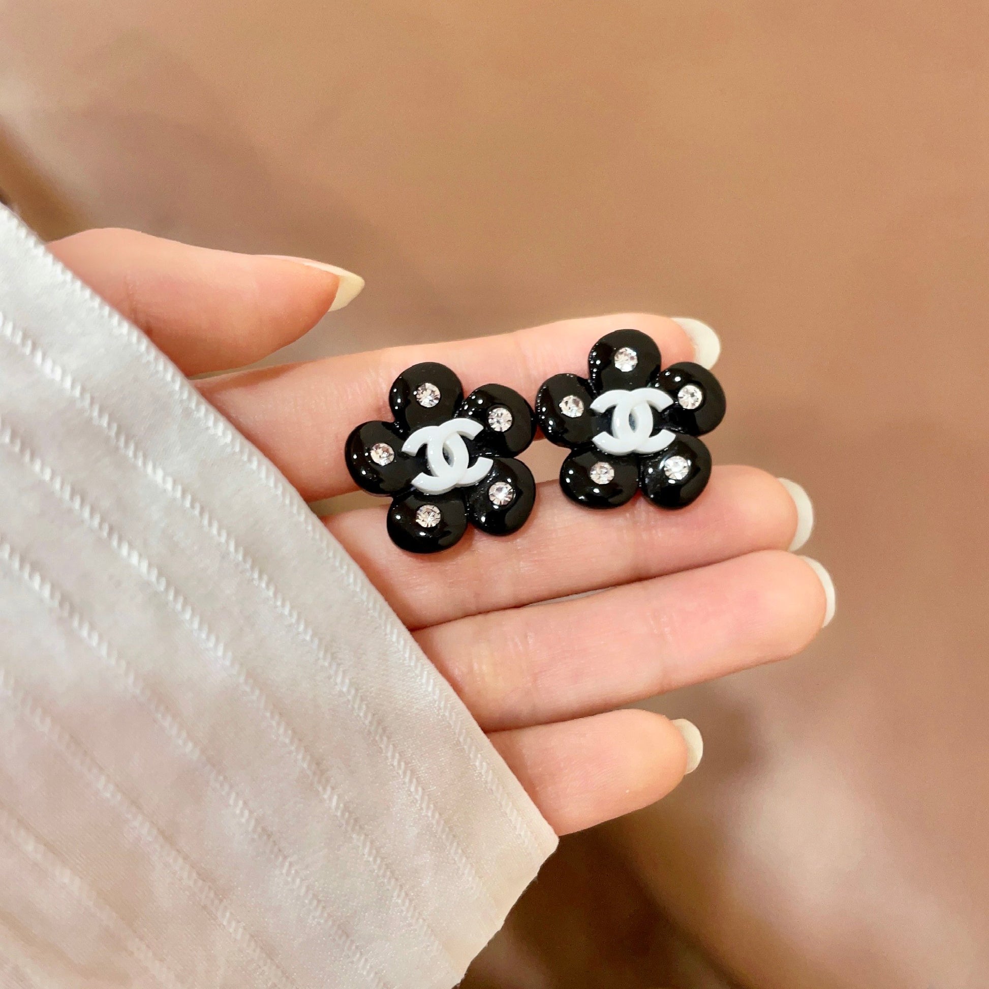 Camellia Stud Earrings in Polished Metal-Tone – Camellia Detail – Design 047 side detail
