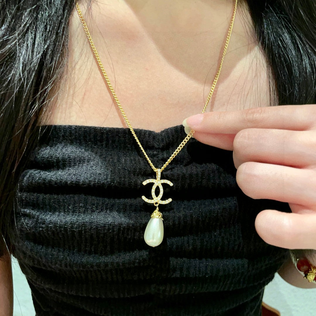 Double-C Emblem Pearl-Detail Pendant Necklace – Pearl Detail – Design 129 front product view