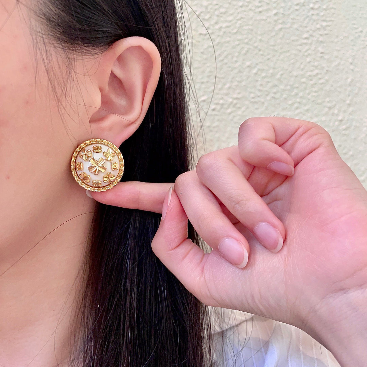 Camellia Stud Earrings in Polished Metal-Tone – Camellia Detail – Design 056 front product view