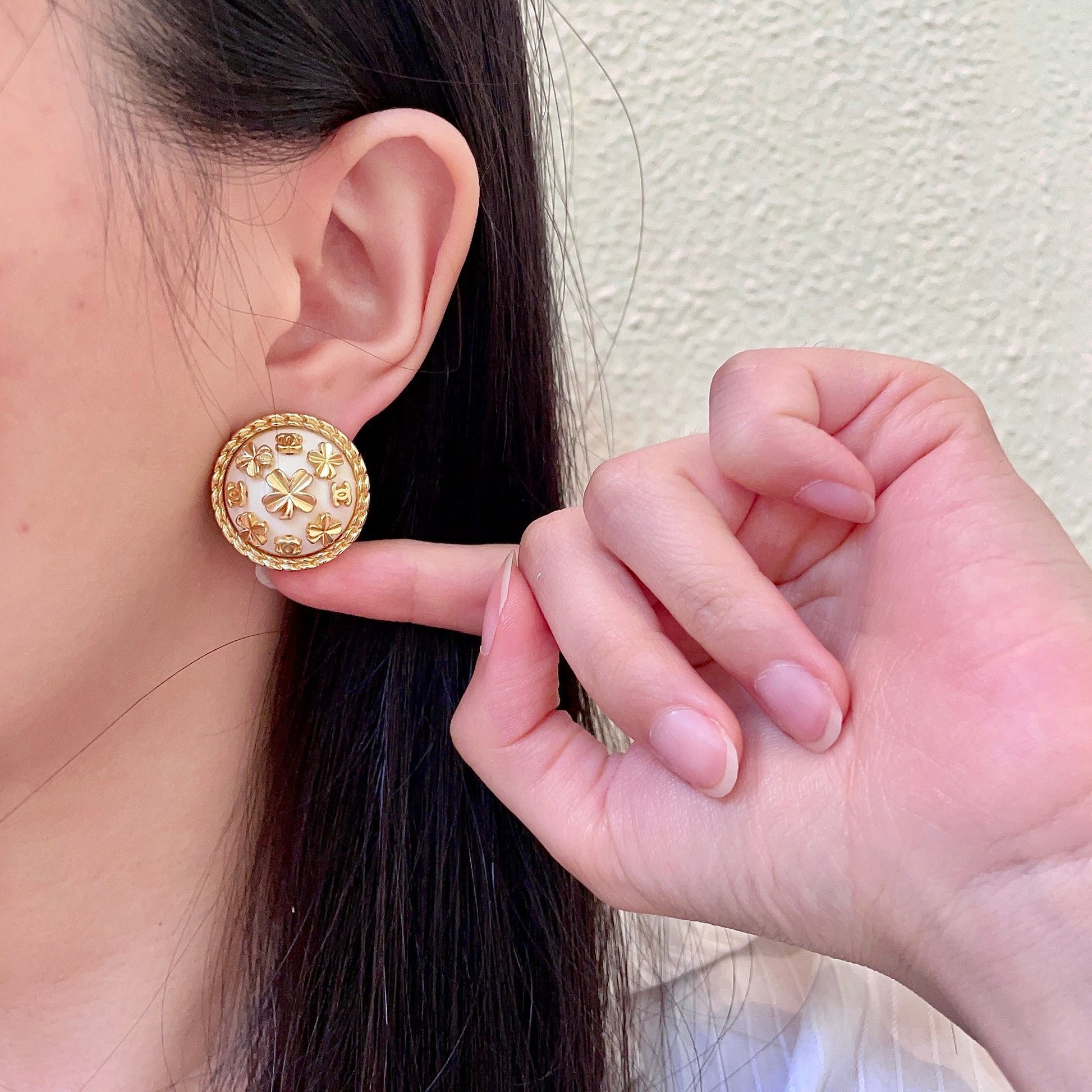 Camellia Stud Earrings in Polished Metal-Tone – Camellia Detail – Design 056 front product view
