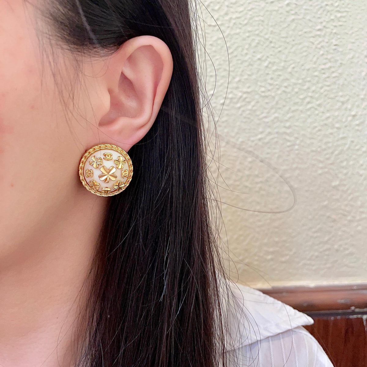 Camellia Stud Earrings in Polished Metal-Tone – Camellia Detail – Design 056 detail view