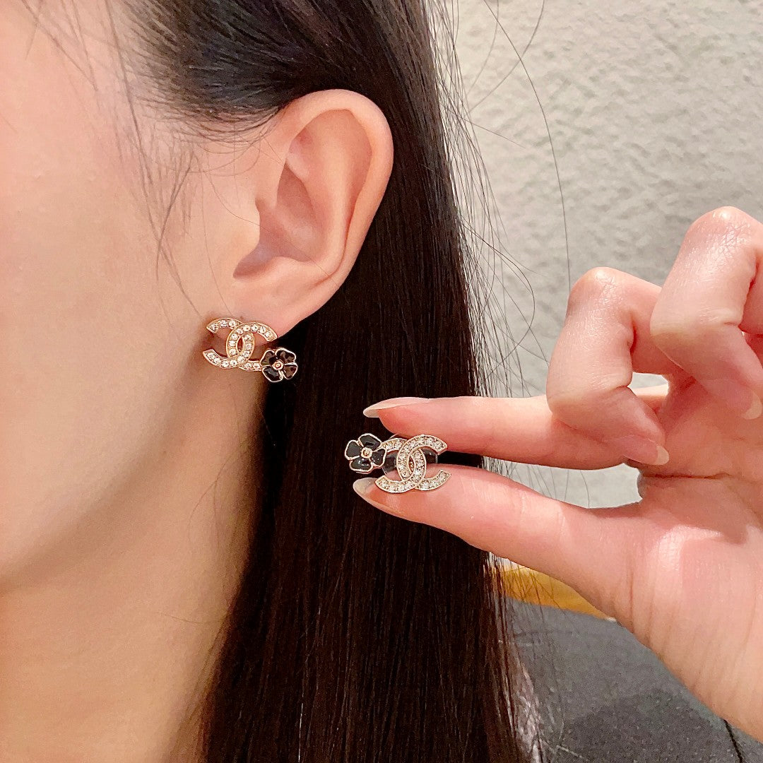 Camellia Stud Earrings in Polished Metal-Tone – Camellia Detail – Design 049 main product view