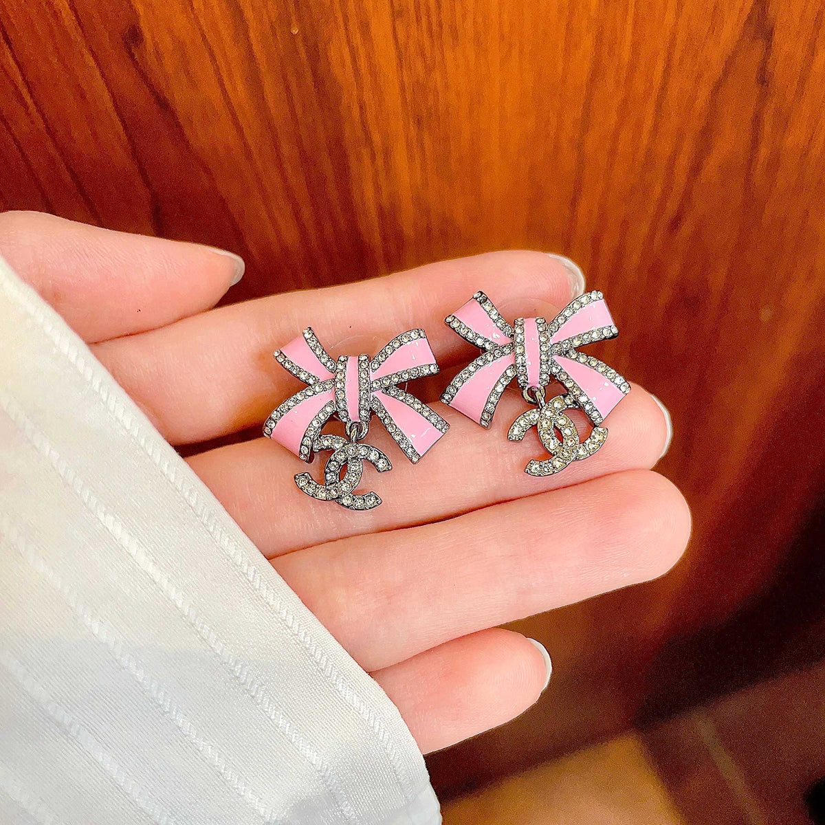 Double-C Emblem Crystal-Accent Statement Earrings – Design 001 side detail