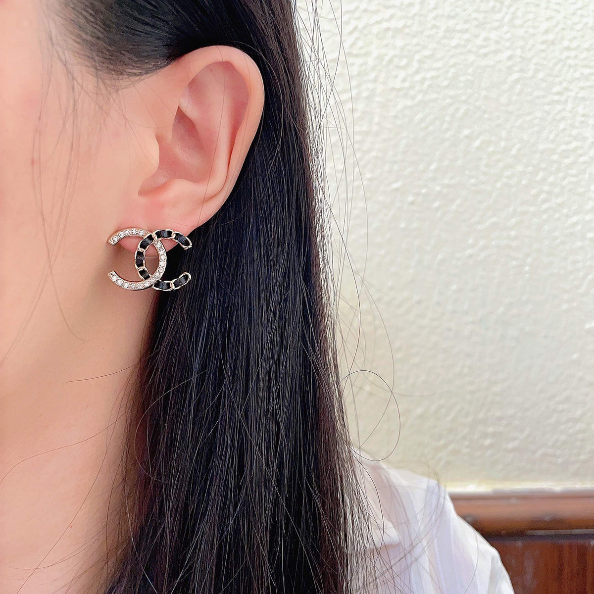 Double-C Emblem Crystal-Accent Stud Earrings – Design 007 detail view