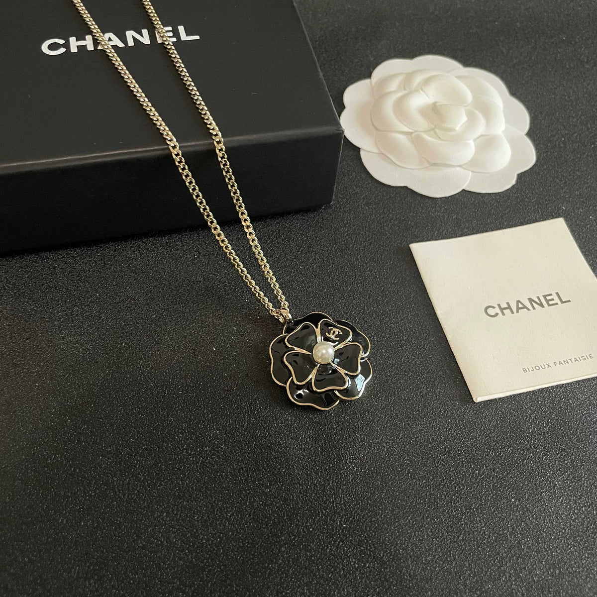 Camellia Pendant Necklace in Polished Metal-Tone – Camellia Detail – Design 006 styled product view