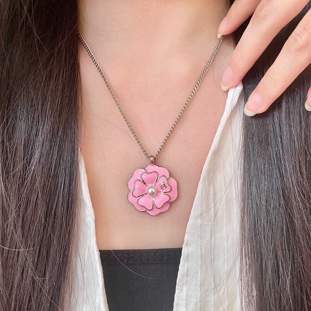 Camellia Pendant Necklace in Polished Metal-Tone – Camellia Detail – Design 009 main product view