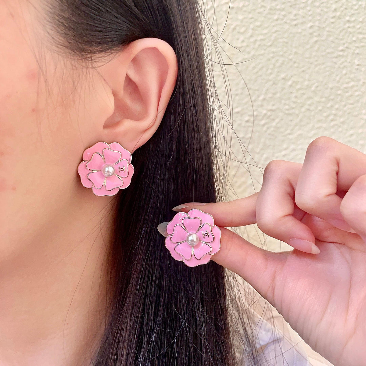 Camellia Stud Earrings in Polished Metal-Tone – Camellia Detail – Design 023 main product view