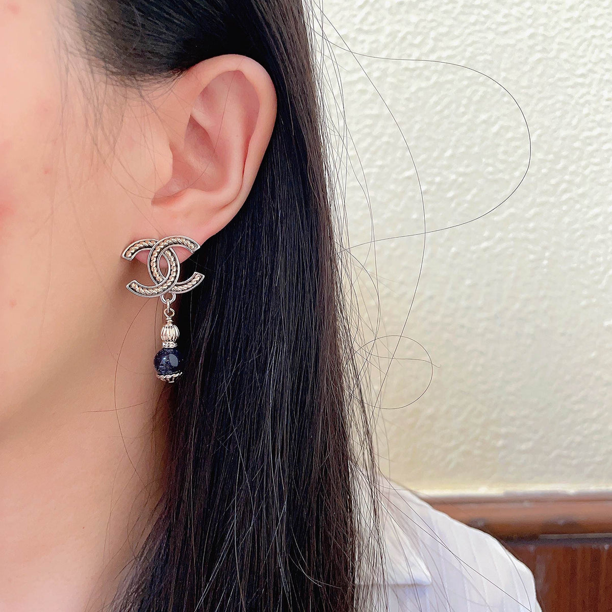 Double-C Emblem Statement Earrings in Polished Metal-Tone – Design 015 detail view