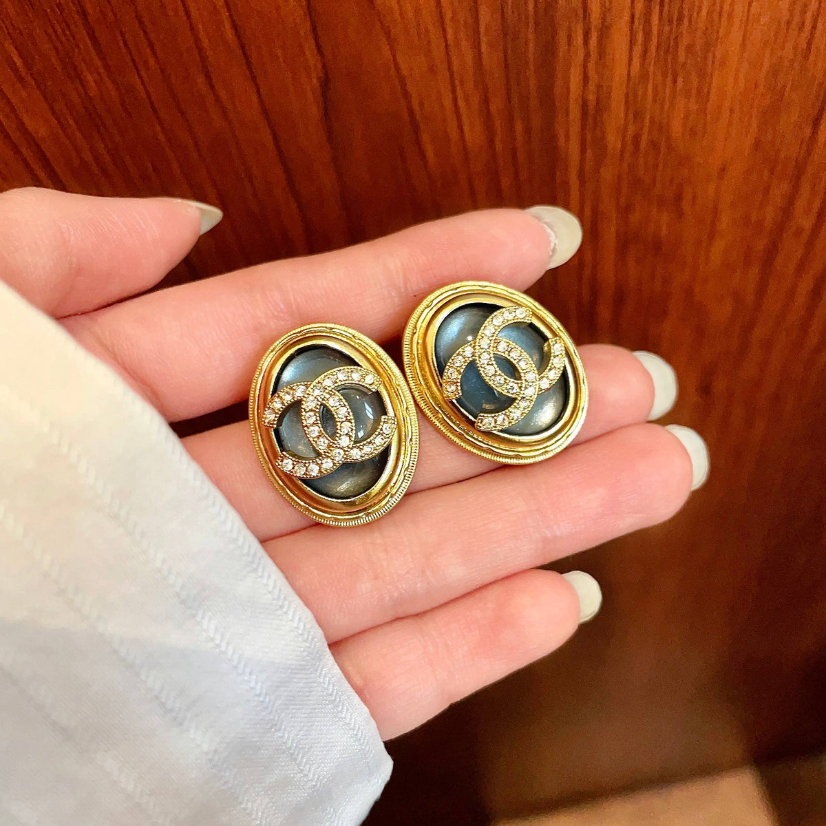 Double-C Emblem Crystal-Accent Stud Earrings – Design 054 side detail