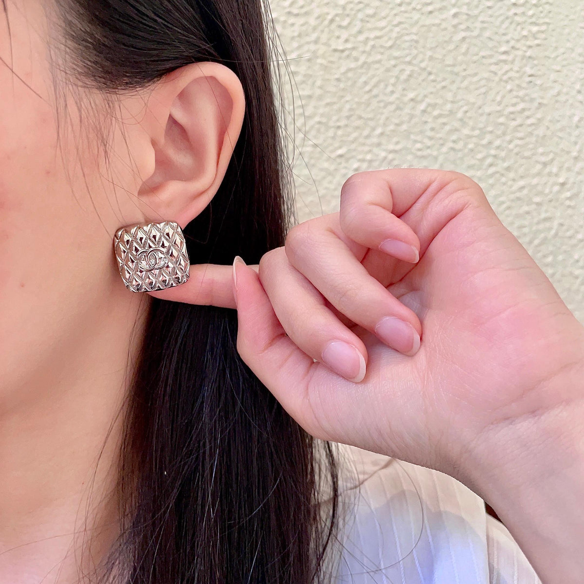 Double-C Emblem Stud Earrings in Polished Metal-Tone – Design 397 front product view