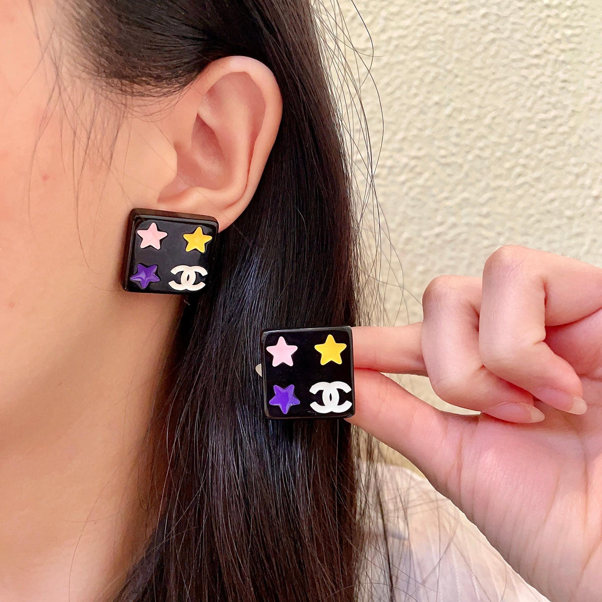 Double-C Emblem Stud Earrings in Polished Metal-Tone – Star Detail – Design 010 main product view