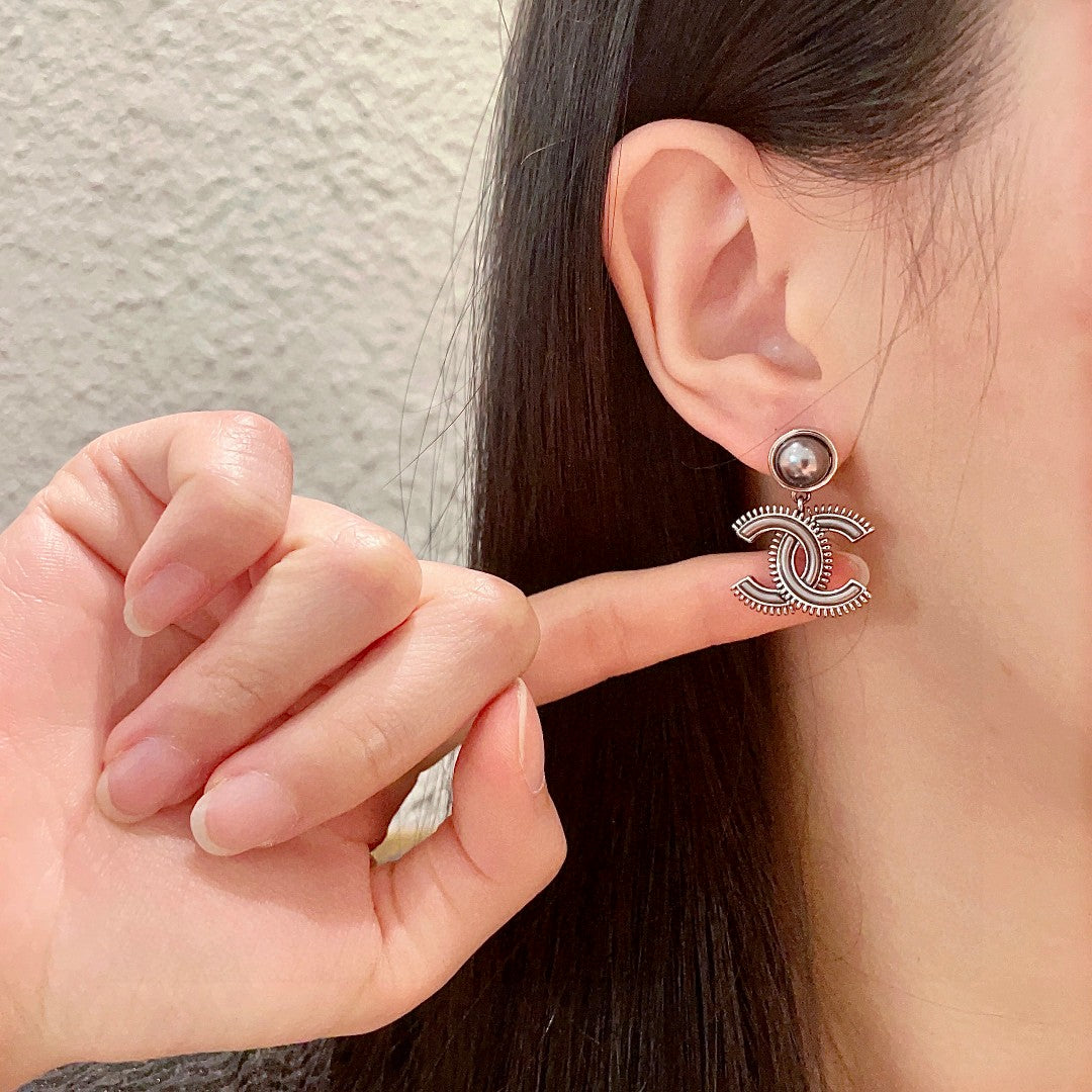Double-C Emblem Pearl-Detail Statement Earrings – Pearl Detail – Design 013 front product view