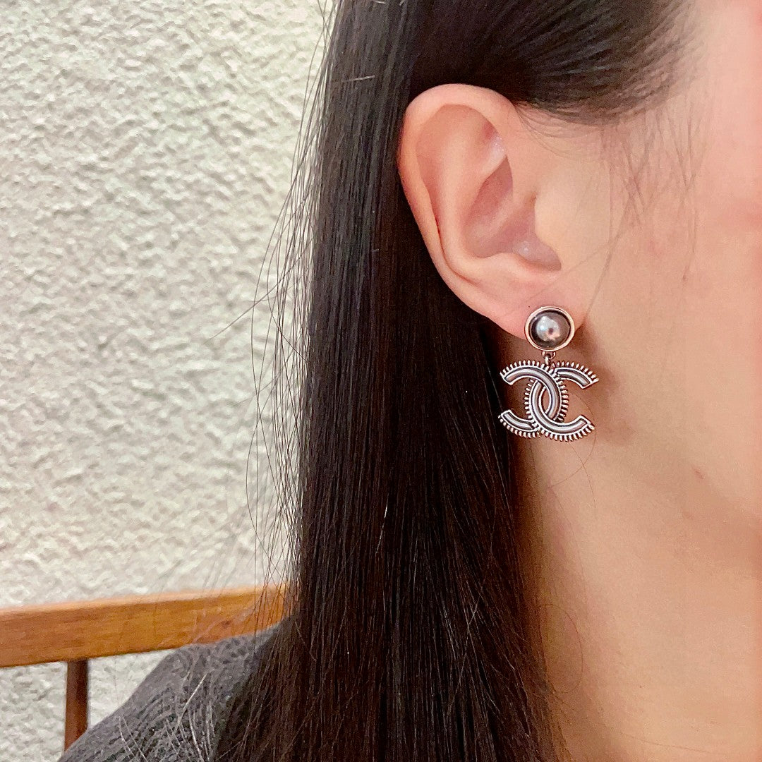 Double-C Emblem Pearl-Detail Statement Earrings – Pearl Detail – Design 013 detail view