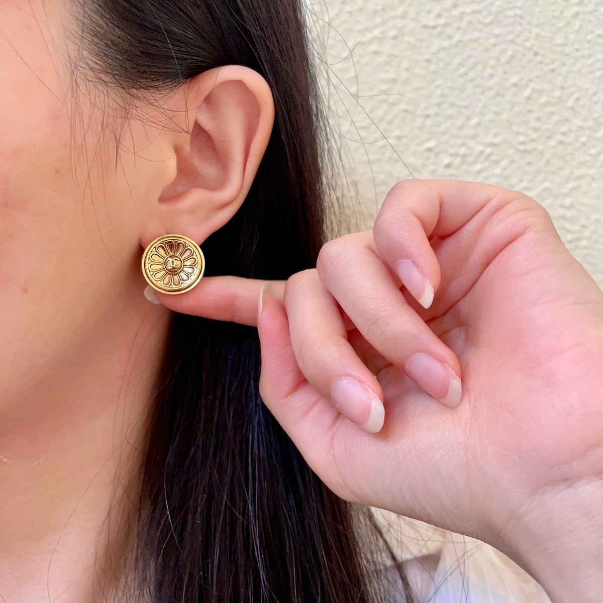 Double-C Emblem Stud Earrings in Polished Metal-Tone – Design 205 front product view