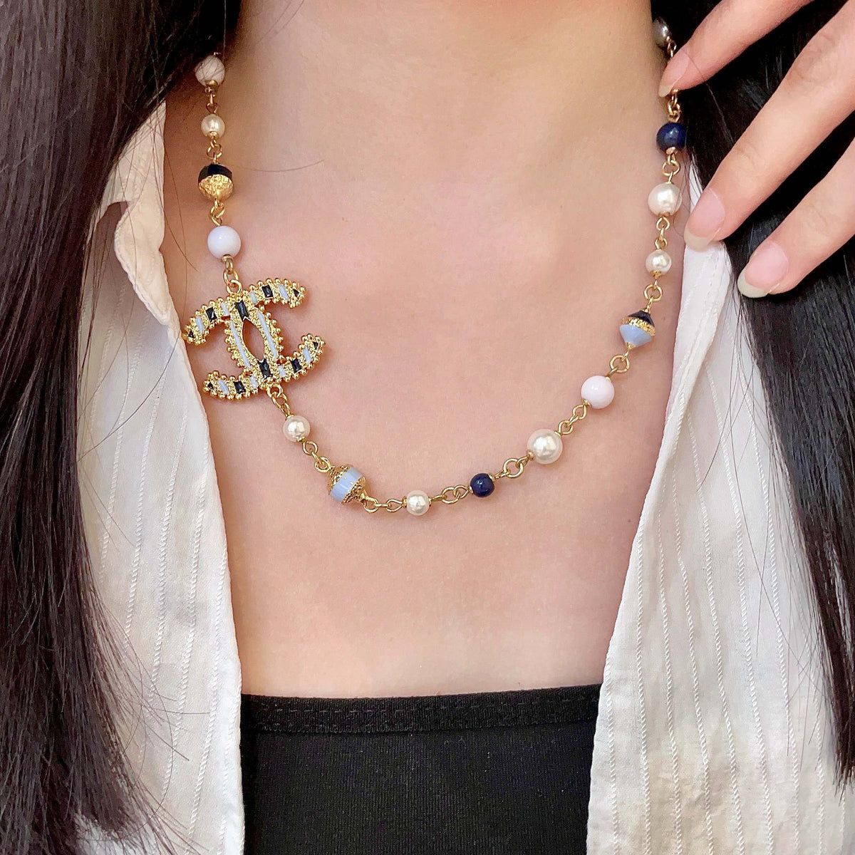 Double-C Emblem Pearl-Detail Pendant Necklace – Pearl Detail – Design 068 main product view