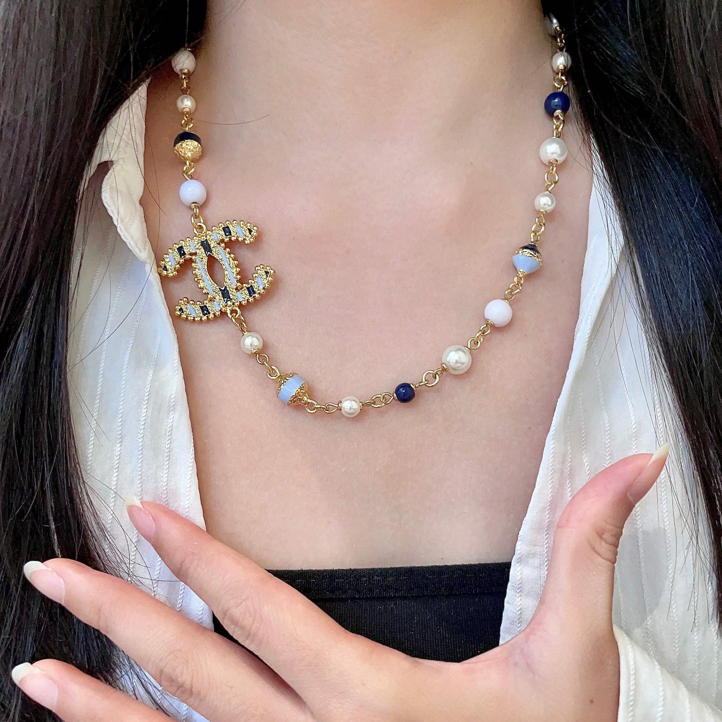 Double-C Emblem Pearl-Detail Pendant Necklace – Pearl Detail – Design 068 front product view