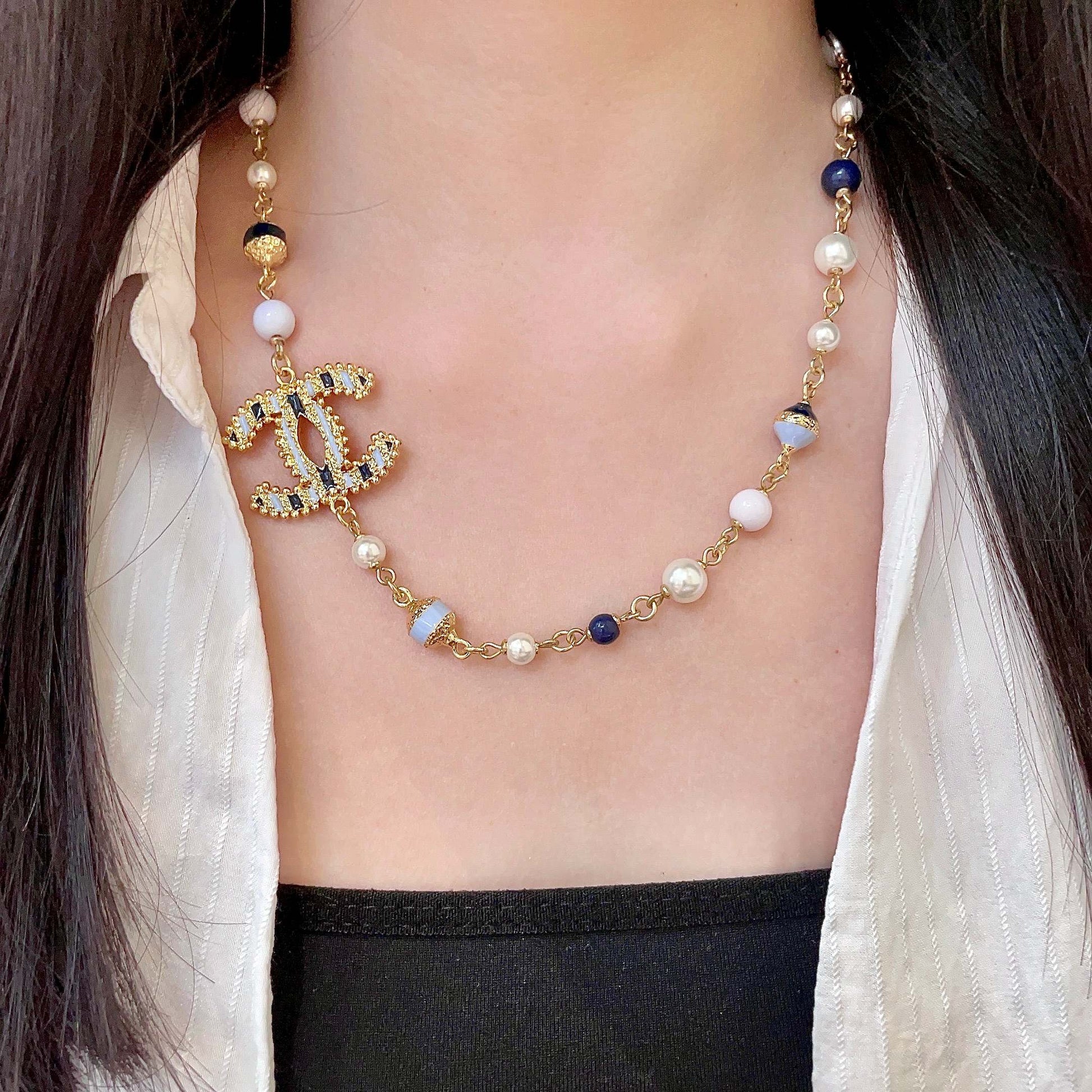 Double-C Emblem Pearl-Detail Pendant Necklace – Pearl Detail – Design 068 detail view