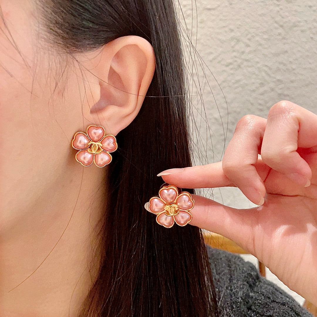 Camellia Stud Earrings in Polished Metal-Tone – Camellia Detail – Design 036 main product view