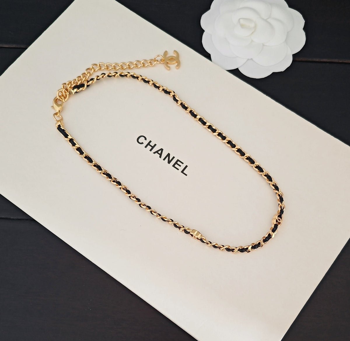 Signature Emblem Pendant Necklace in Gold-Tone – Black Detail – Design 016 close-up detail
