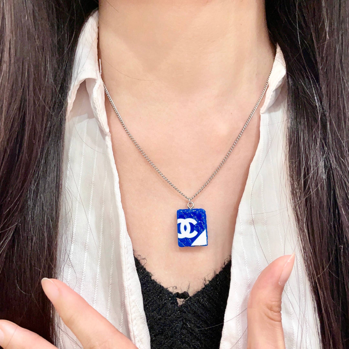 Double-C Emblem Pendant Necklace in Polished Metal-Tone – Design 041 front product view
