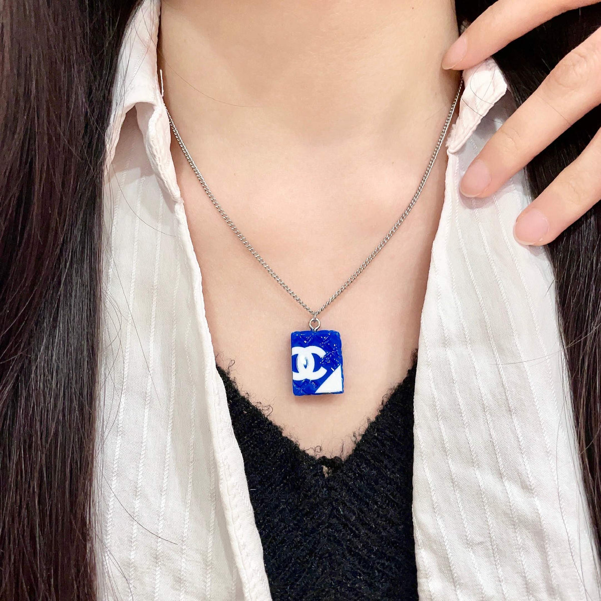 Double-C Emblem Pendant Necklace in Polished Metal-Tone – Design 041 main product view