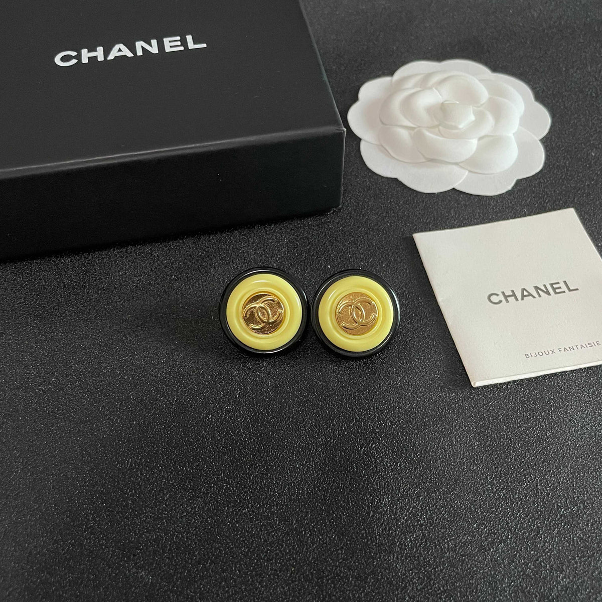 Double-C Emblem Stud Earrings in Polished Metal-Tone – Design 251 styled product view