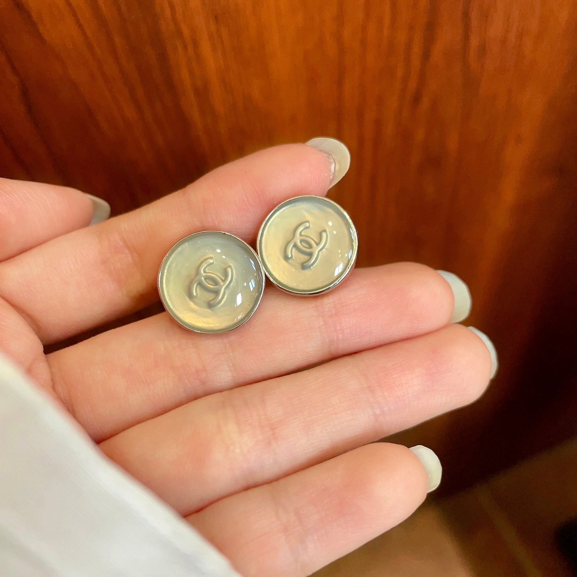 Double-C Emblem Stud Earrings in Polished Metal-Tone – Design 231 side detail